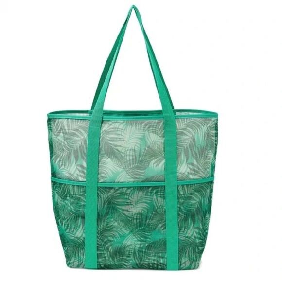 Beautiful green palm leaves beach bag Mesh Beach Tote durable fits a lot pockets - Picture 1 of 10